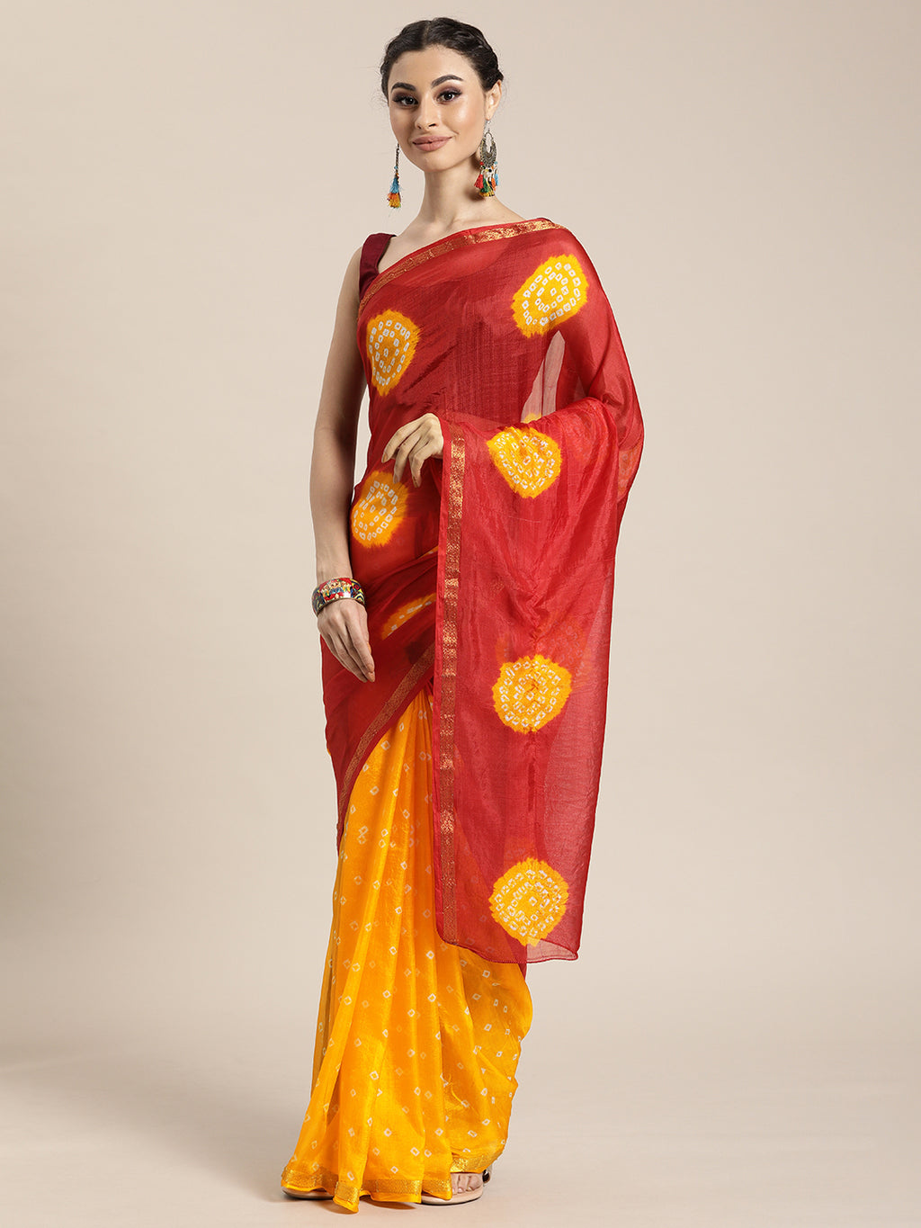 Red & Yellow Hand Dyed Art Silk Saree