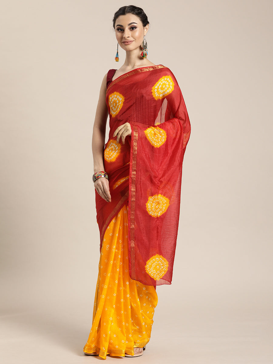 Red & Yellow Hand Dyed Art Silk Saree
