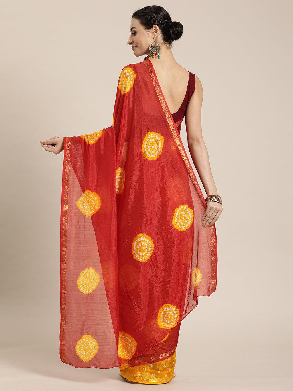 Red & Yellow Hand Dyed Art Silk Saree