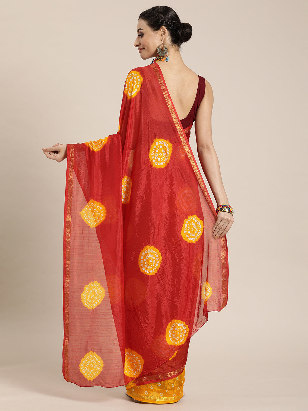 Red & Yellow Hand Dyed Art Silk Saree
