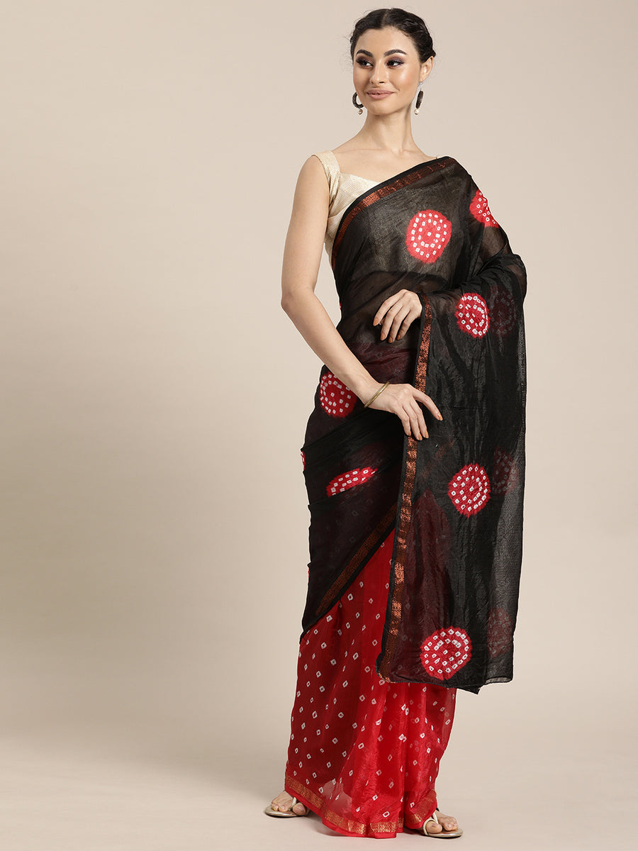 Black & Red Bandhani Art Silk Saree With Zari Border