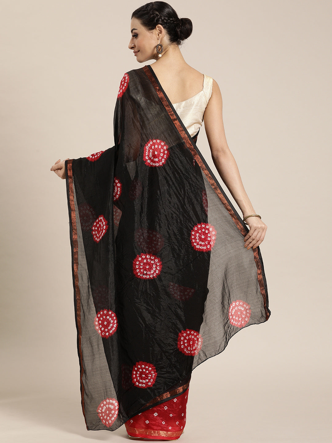 Black & Red Bandhani Art Silk Saree With Zari Border