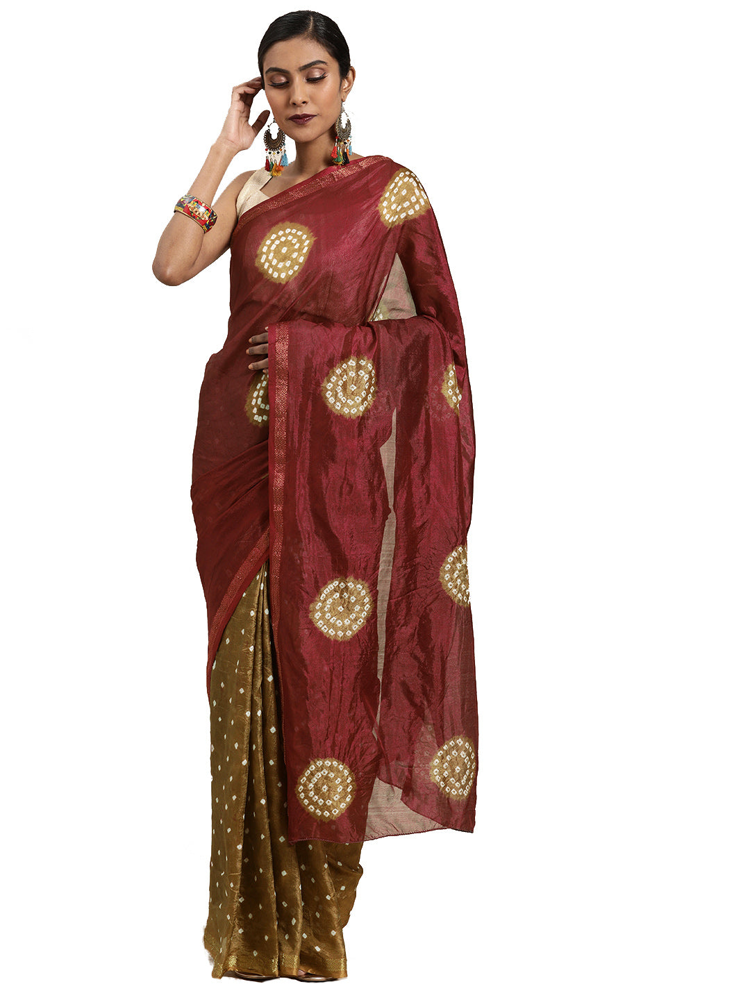 Maroon Bandhani Zari Border Art Silk Saree