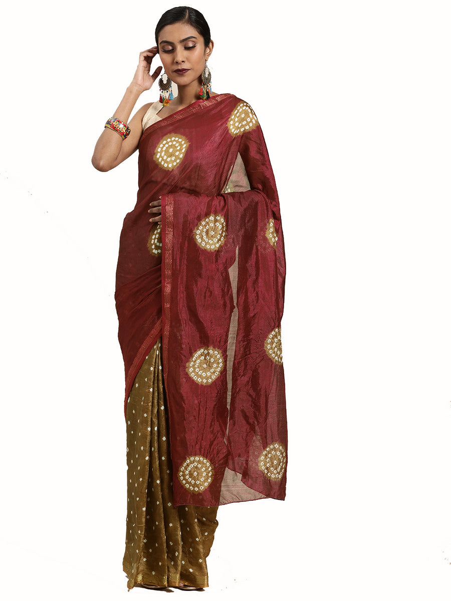 Maroon Bandhani Zari Border Art Silk Saree