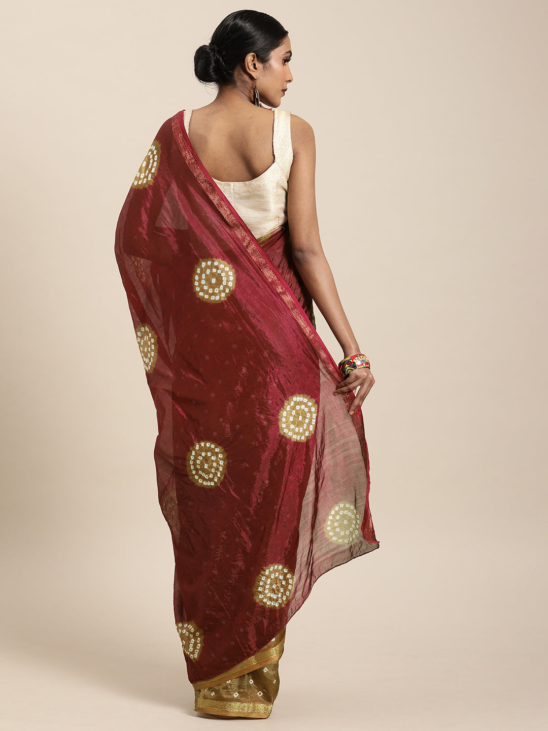 Maroon Bandhani Zari Border Art Silk Saree