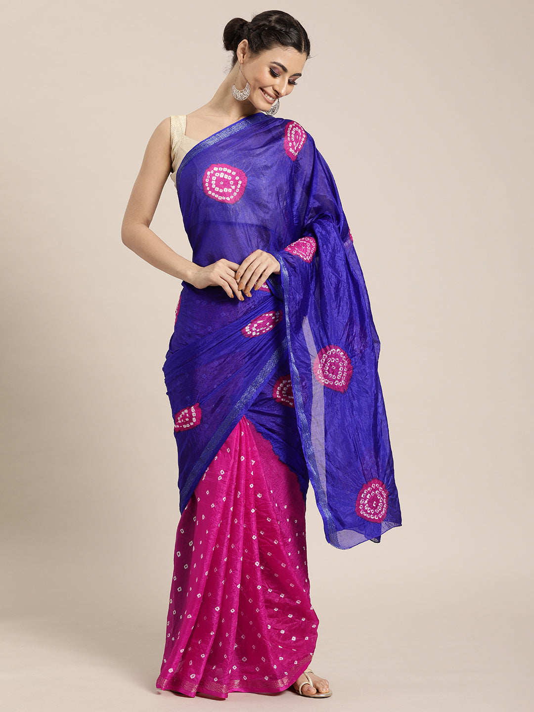 Blue & Pink Handcrafted Bandhani Art Silk Saree