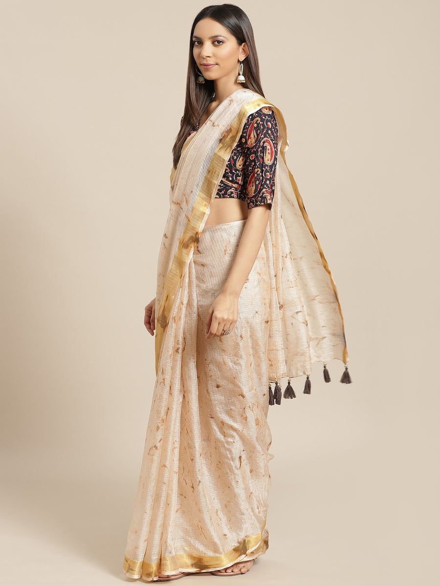 Beige Tie & Dye With Zari Border Art Kota Doria Silk Saree