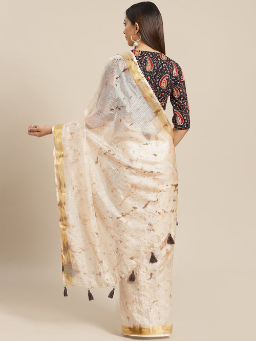 Beige Tie & Dye With Zari Border Art Kota Doria Silk Saree