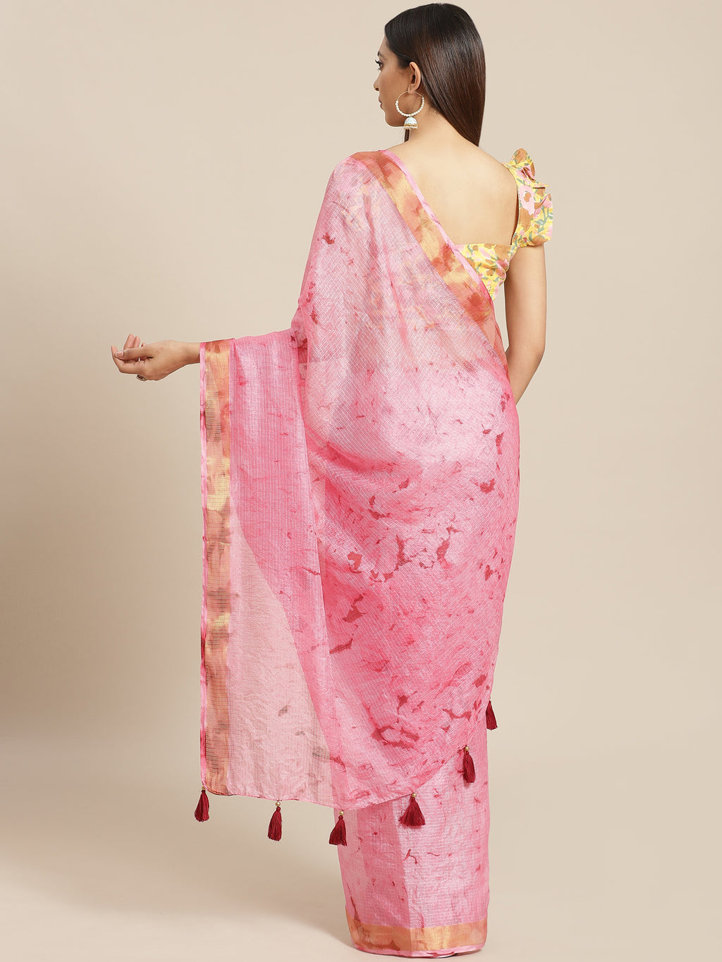 Pink Kota Silk Saree with Hand Block Print Blouse