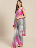 Pink & Grey Hand Dyed Shibori Art Kota Silk Saree