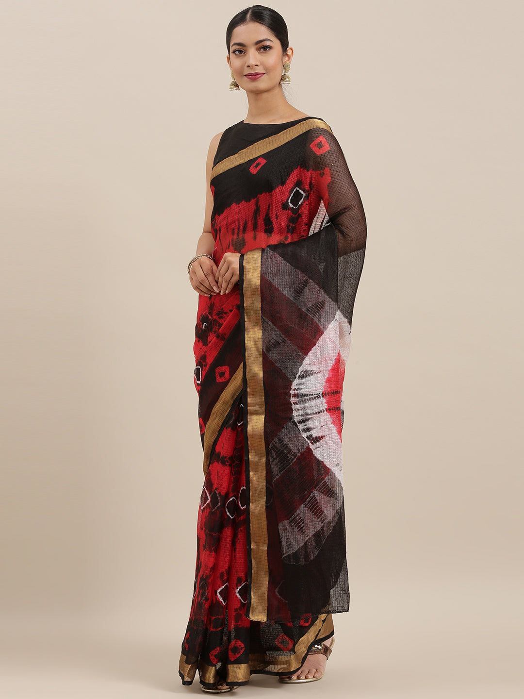 Hand Dyed Black & Red Bandhani Kota Silk Saree