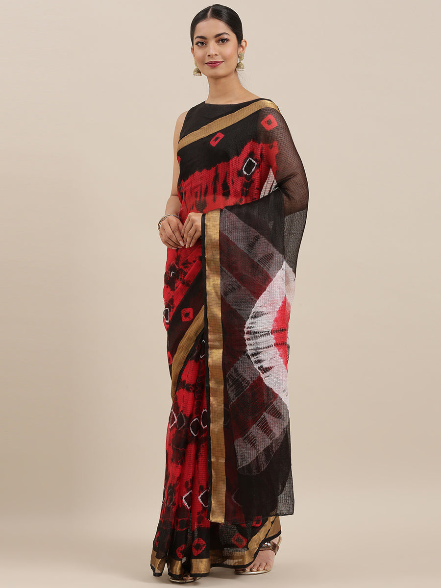 Hand Dyed Black & Red Bandhani Kota Silk Saree