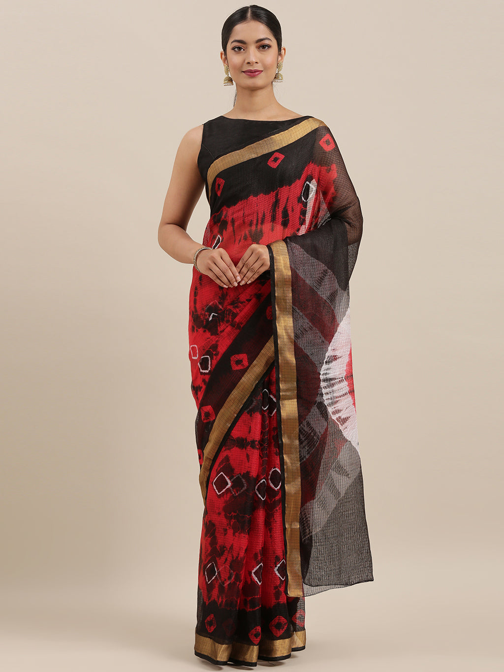 Hand Dyed Black & Red Bandhani Kota Silk Saree