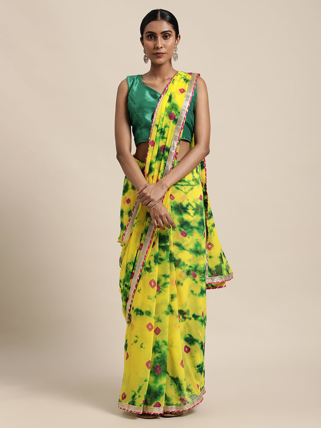 Yellow Shibori Print Hand Gota Work Chiffon Saree
