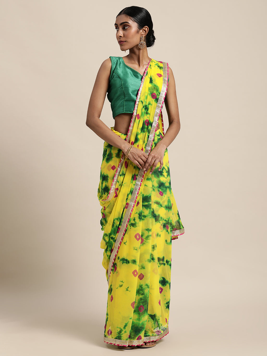 Yellow Shibori Print Hand Gota Work Chiffon Saree