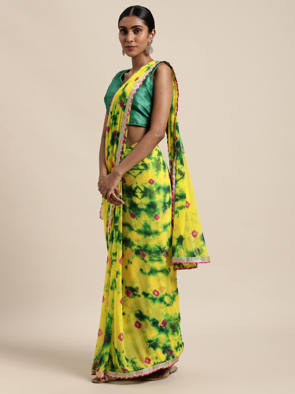 Yellow Shibori Print Hand Gota Work Chiffon Saree