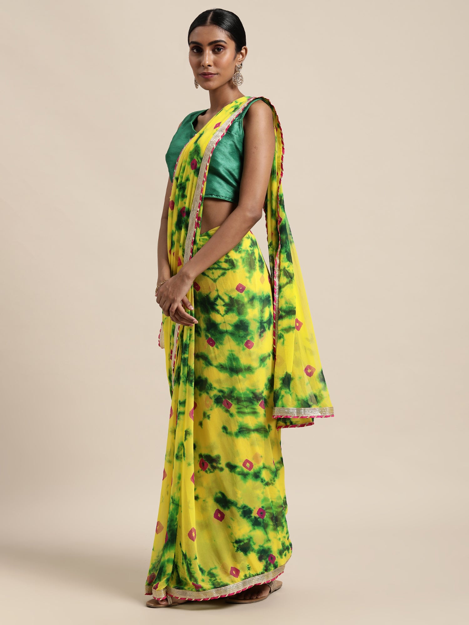 Yellow Shibori Print Hand Gota Work Chiffon Saree