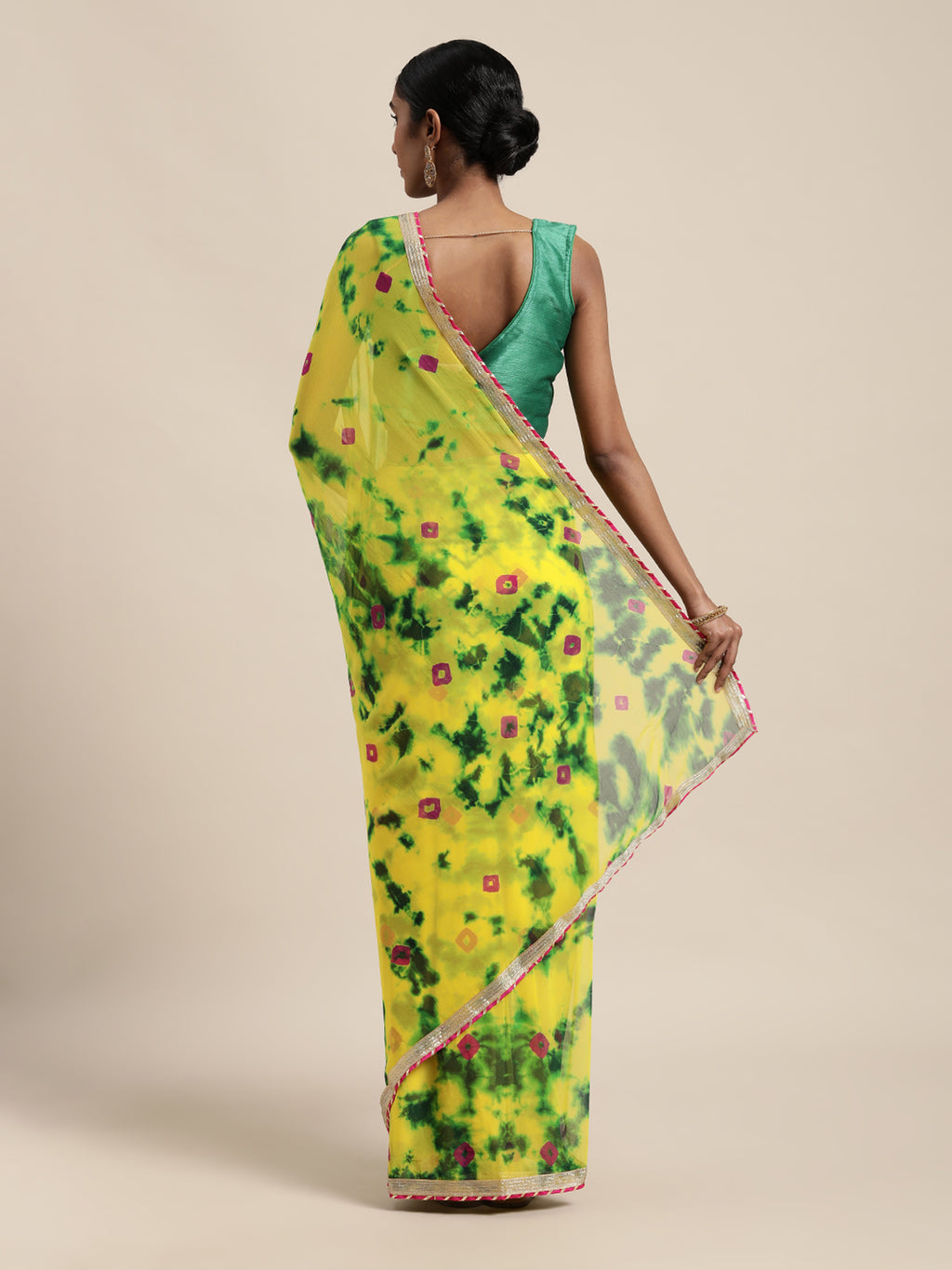 Yellow Shibori Print Hand Gota Work Chiffon Saree