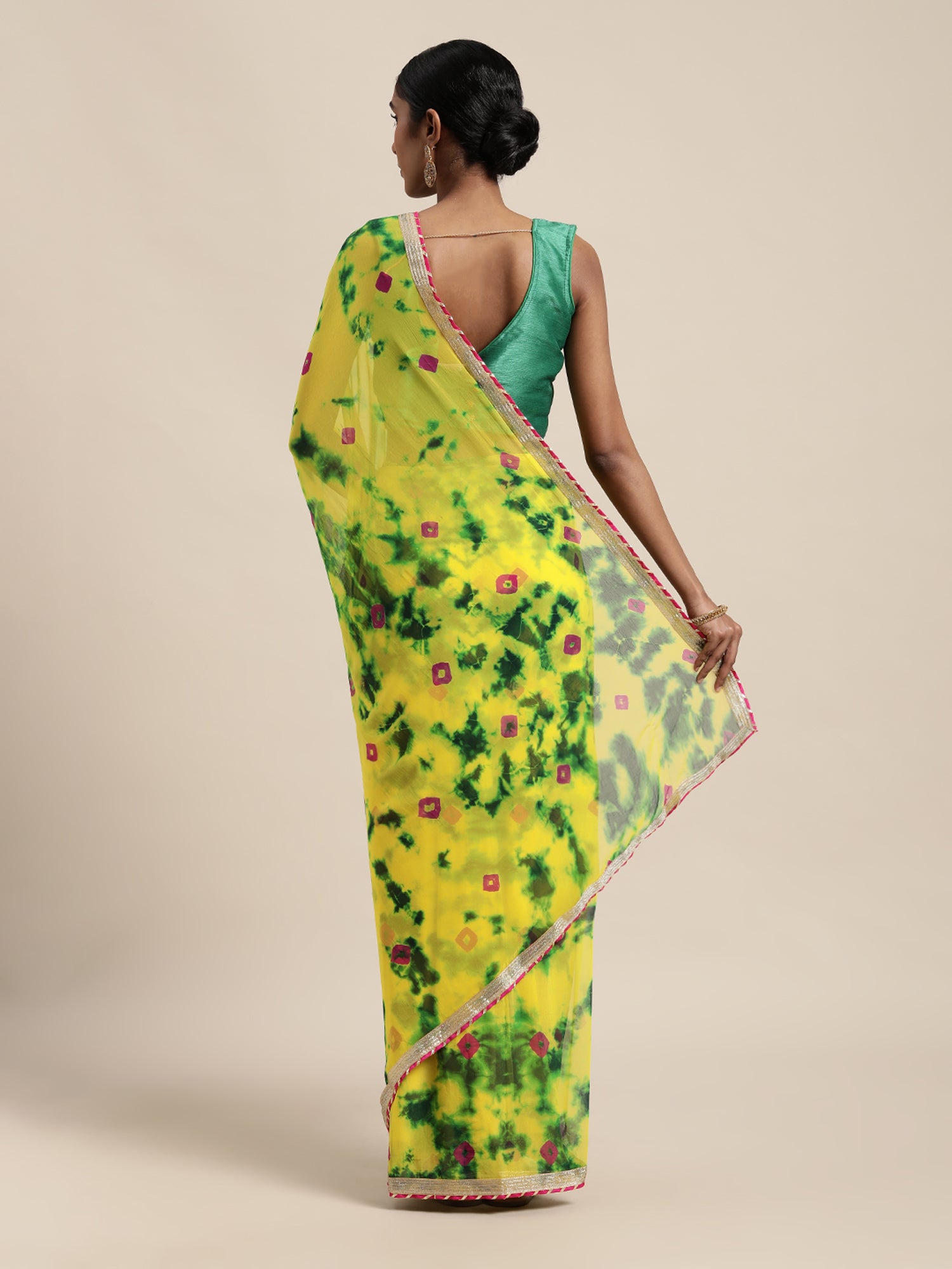 Yellow Shibori Print Hand Gota Work Chiffon Saree