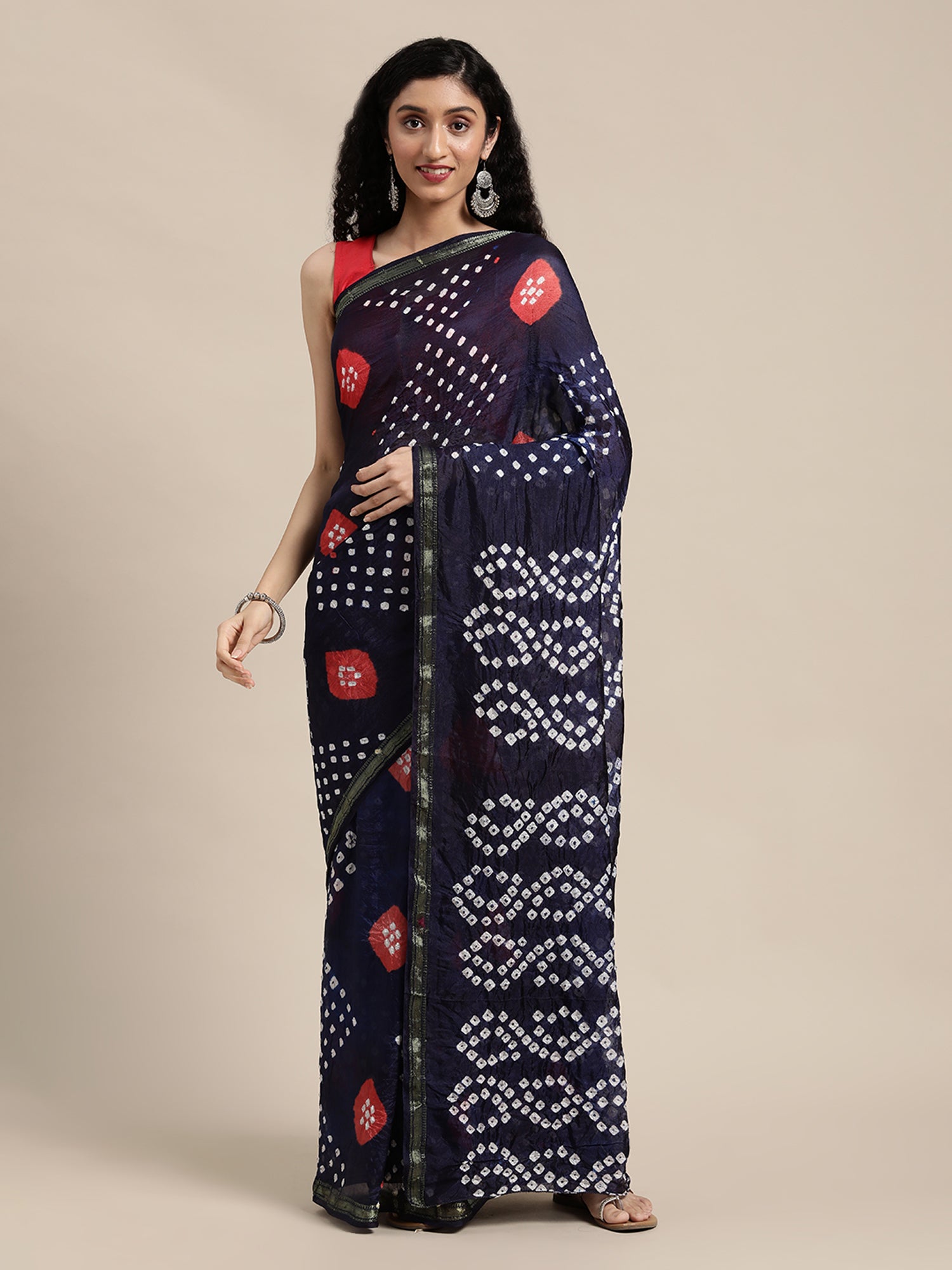 Navy Blue Bandhani Printed Art Silk Saree