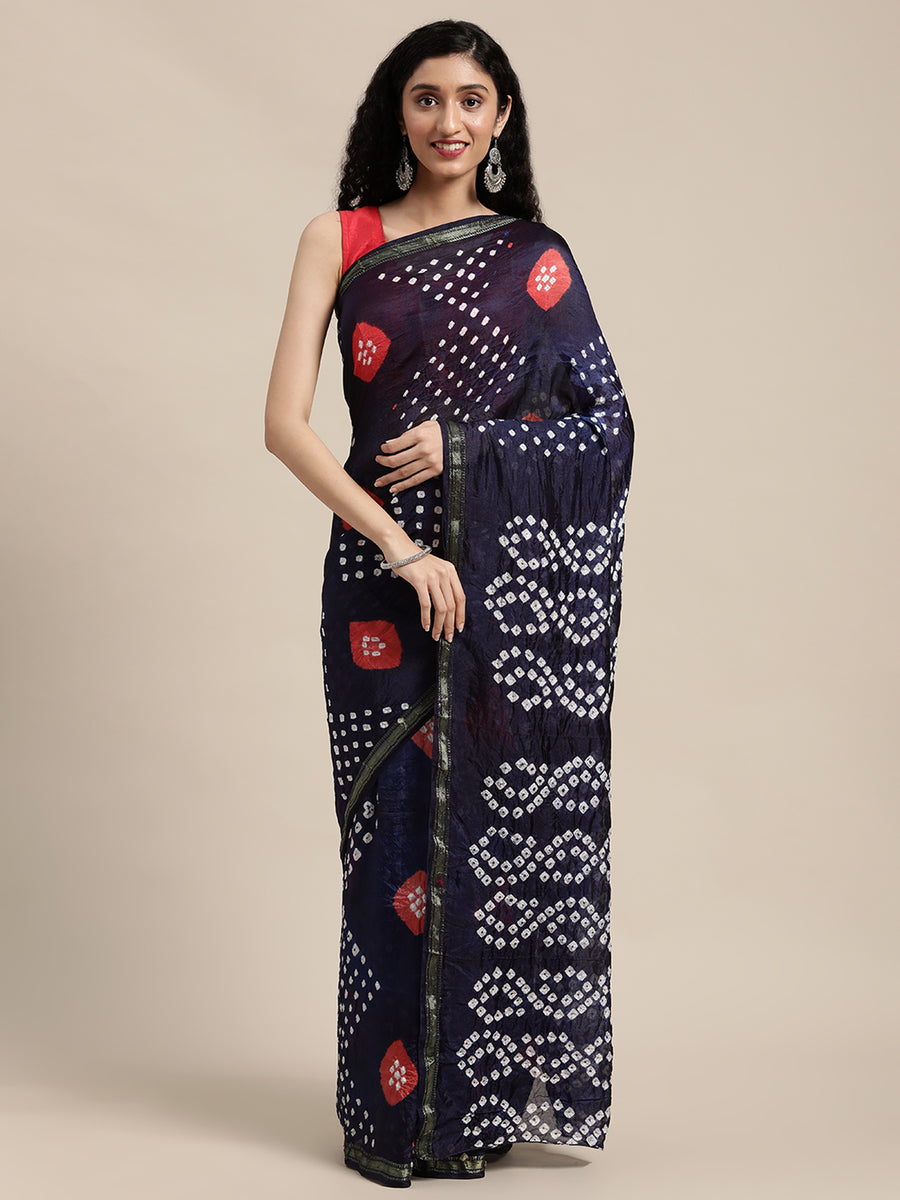 Navy Blue Bandhani Printed Art Silk Saree