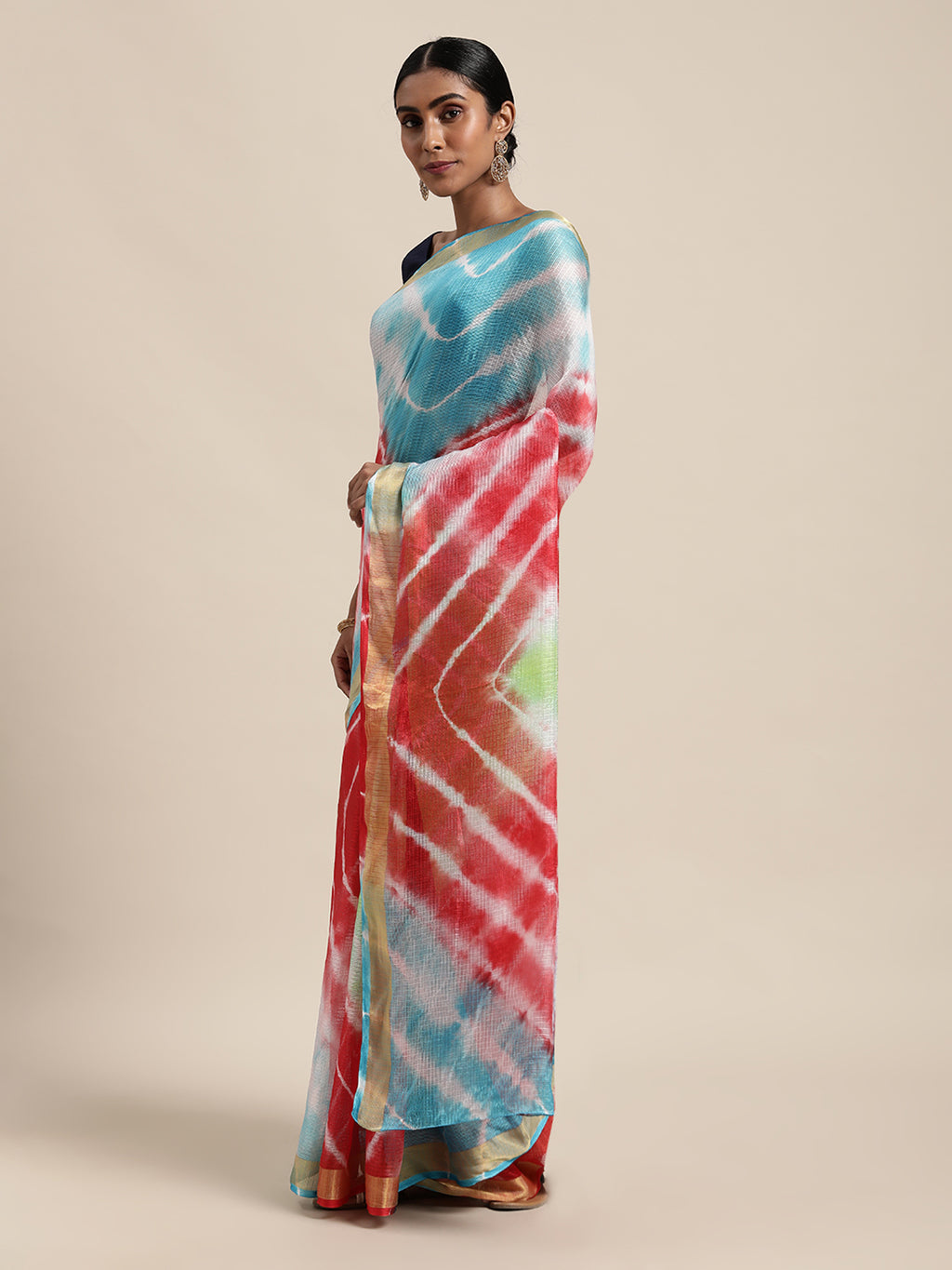 Multi Tie & Dye With Shibori Print Kota Doria Silk Saree