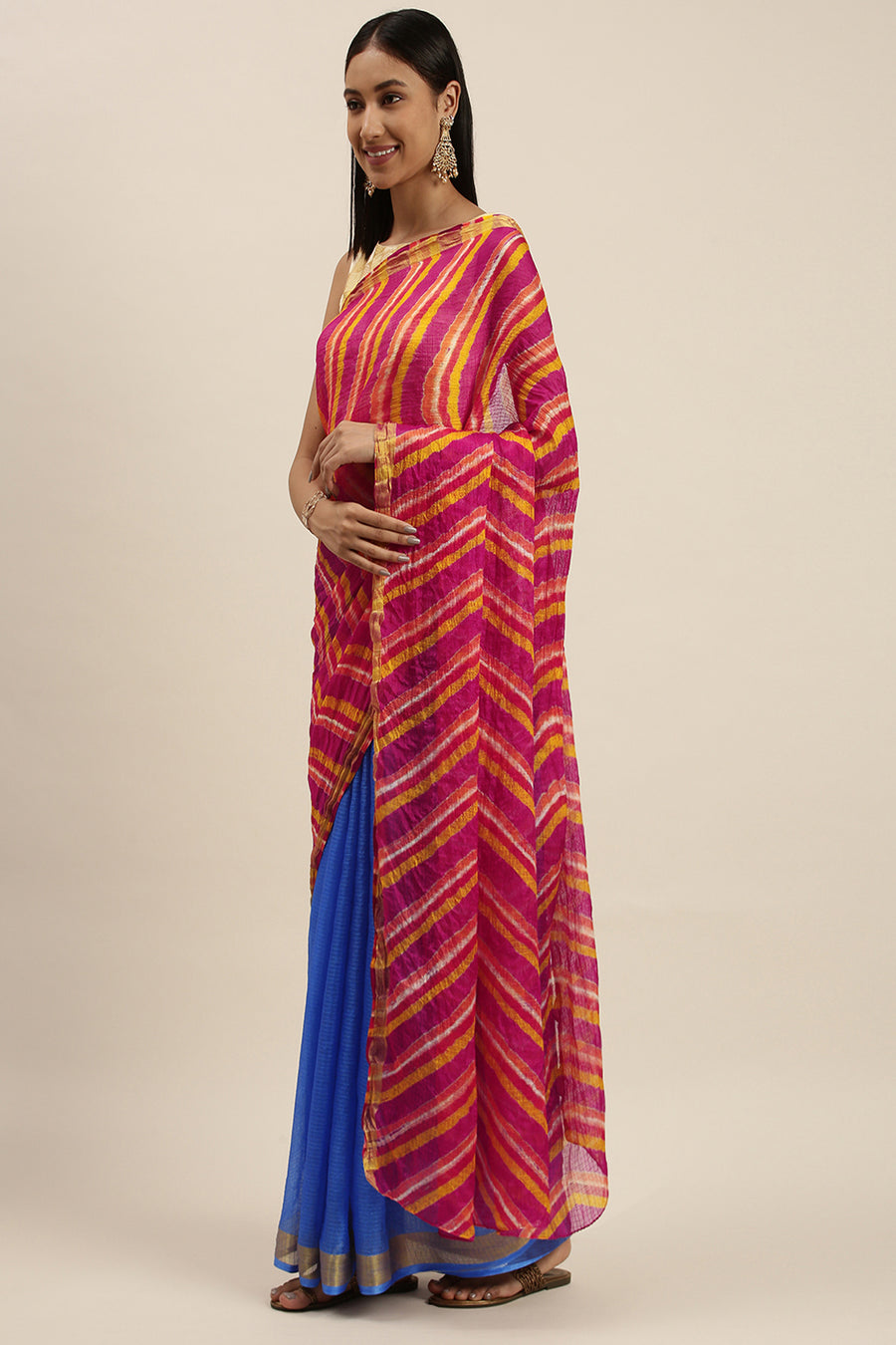 Blue Hand Dyed Leheriya Zari Border Kota Doria Silk Saree