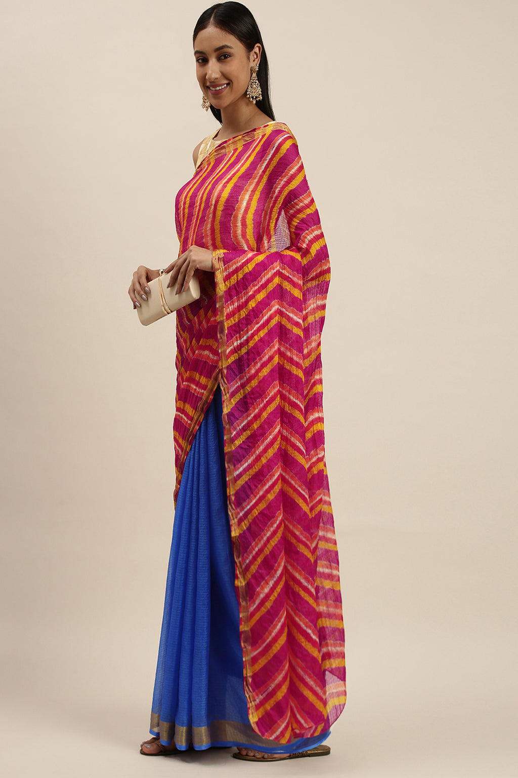 Blue Hand Dyed Leheriya Zari Border Kota Doria Silk Saree