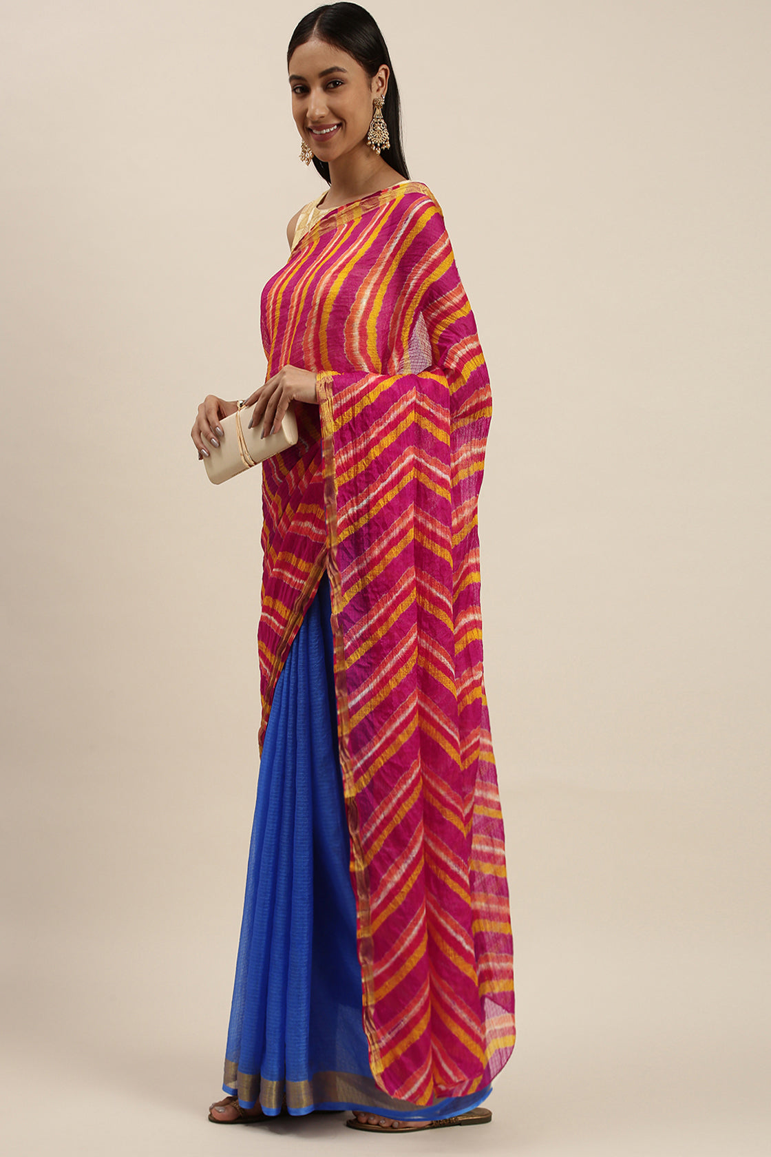 Blue Hand Dyed Leheriya Zari Border Kota Doria Silk Saree