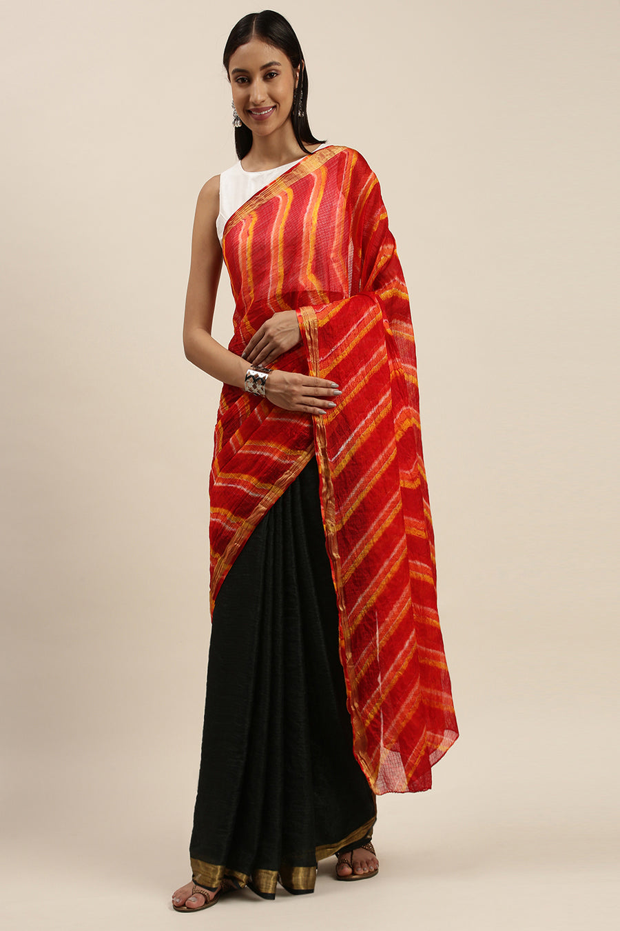 Black Hand Dyed Leheriya Kota Doria Silk Saree