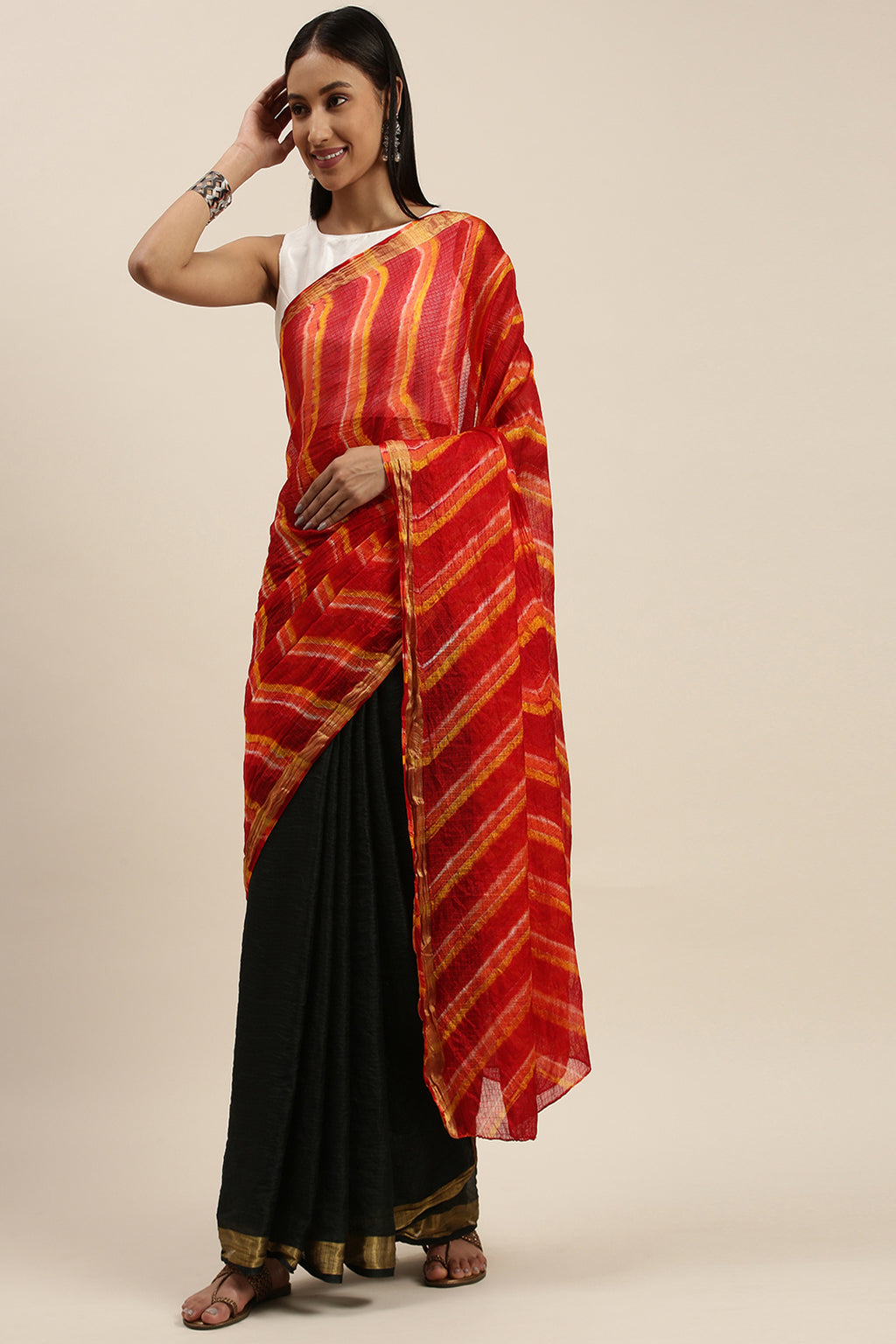 Black Hand Dyed Leheriya Kota Doria Silk Saree