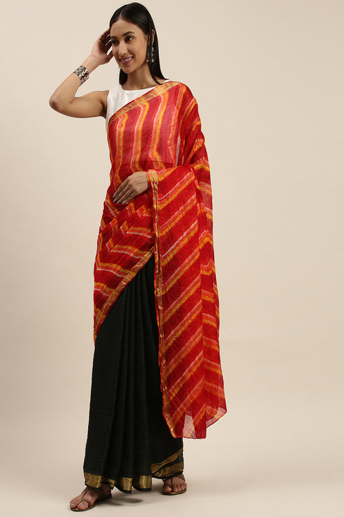 Black Hand Dyed Leheriya Kota Doria Silk Saree