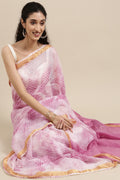 Peach Hand Dyed Leheriya Zari Border Kota Doria Silk Saree