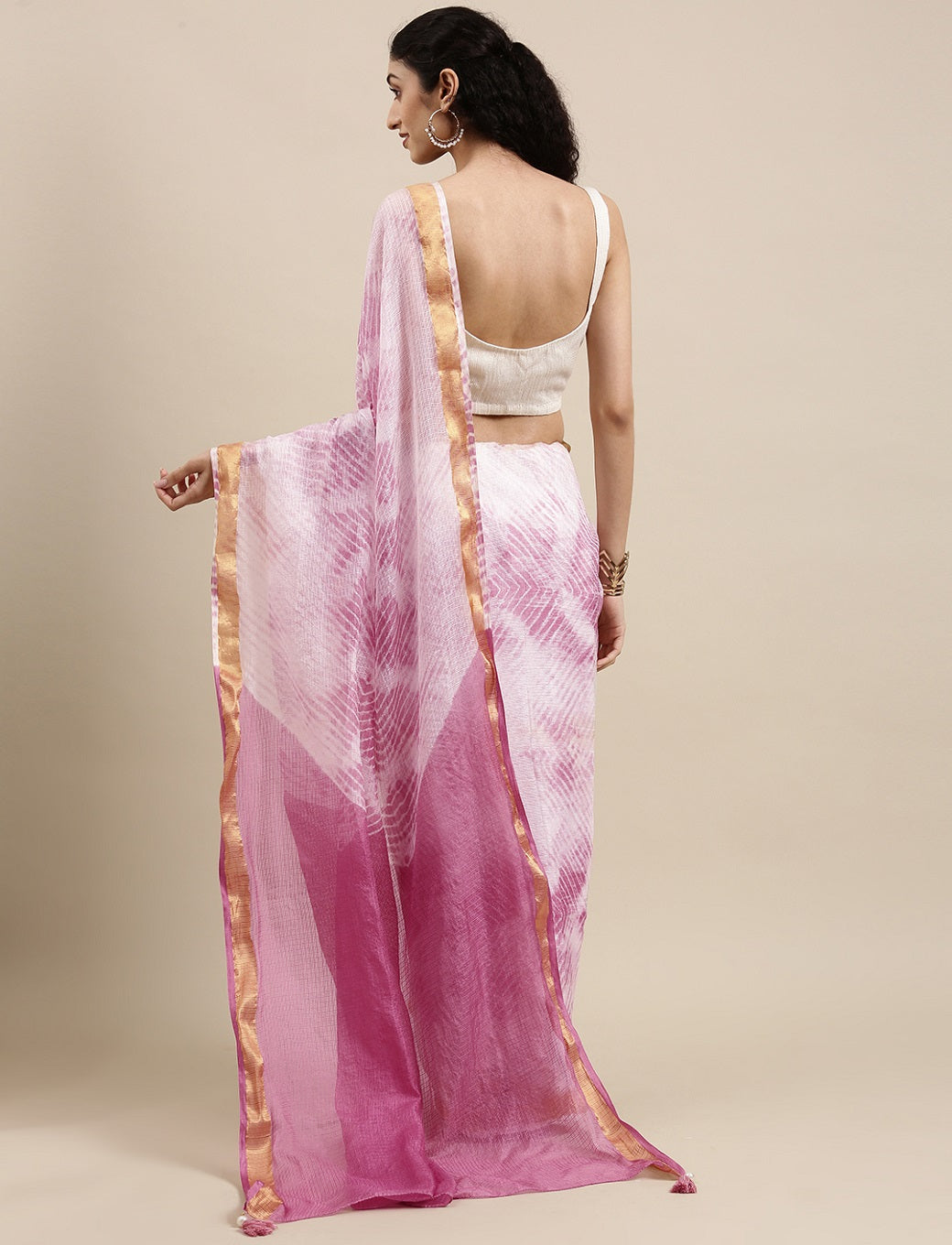 Peach Hand Dyed Leheriya Zari Border Kota Doria Silk Saree
