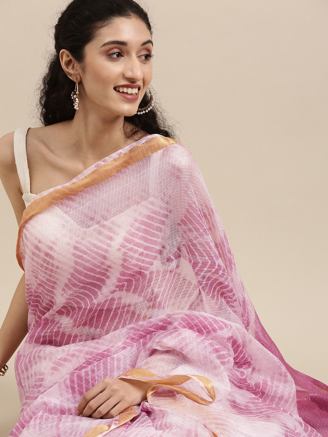 Peach Hand Dyed Leheriya Zari Border Kota Doria Silk Saree