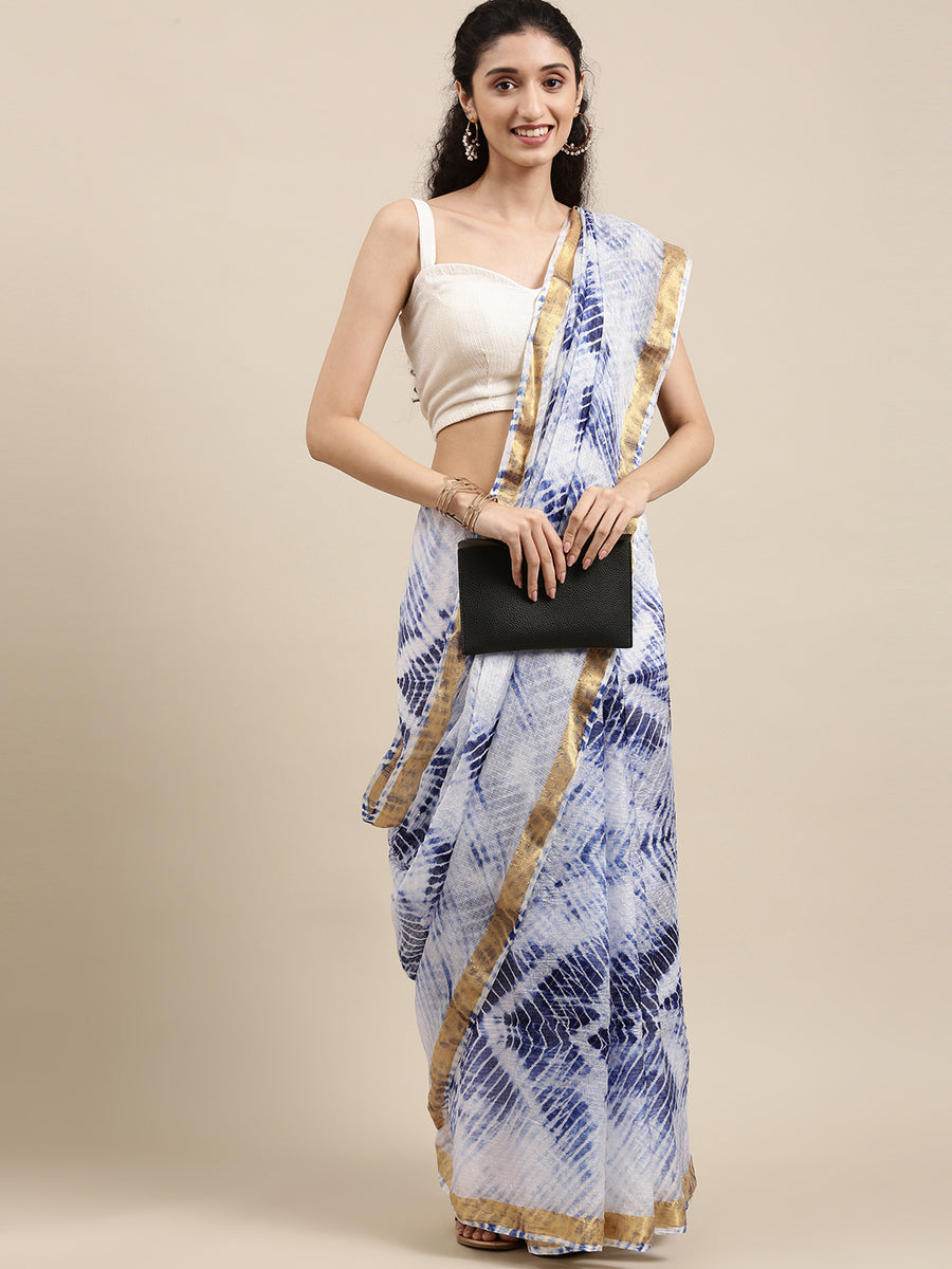 White Hand Dyed Lehariya Kota Doria Silk Saree