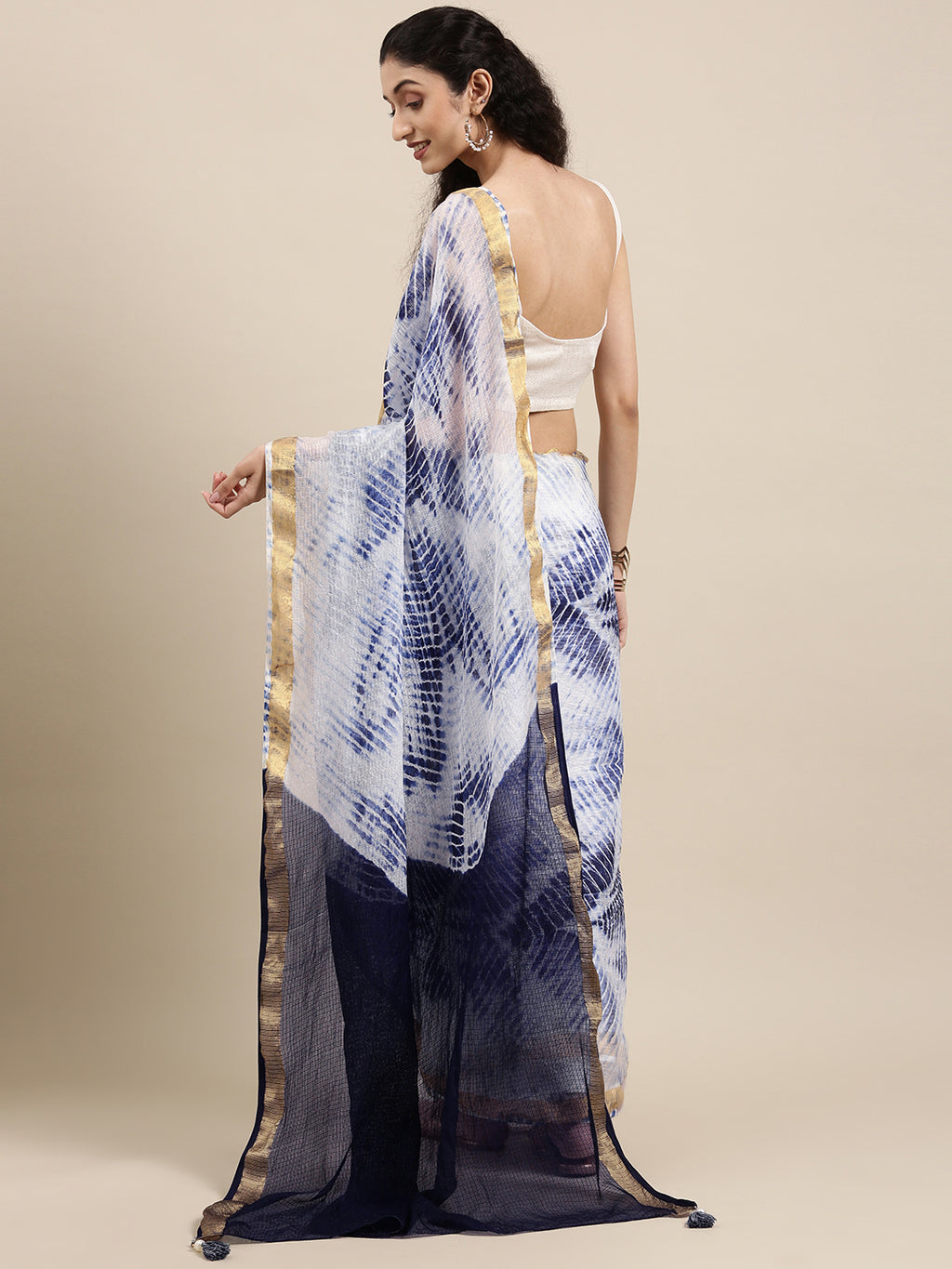 White Hand Dyed Lehariya Kota Doria Silk Saree