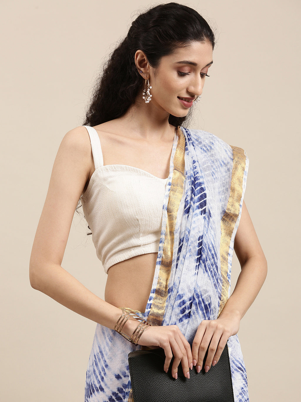 White Hand Dyed Lehariya Kota Doria Silk Saree