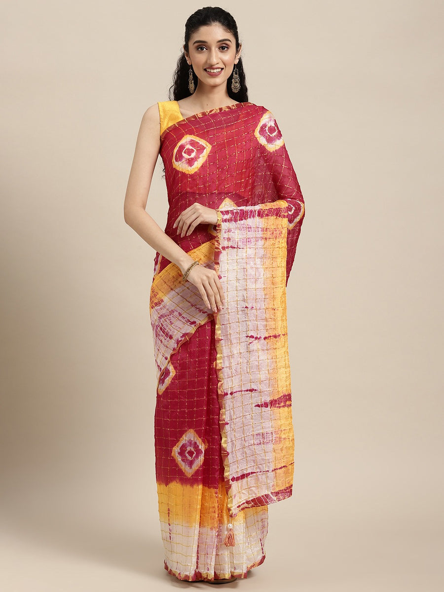 Red Bandhani Art Silk Saree With Zari Border