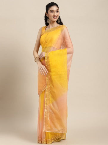 Peach Shaded Lace Border & Zari Checks Organza Saree