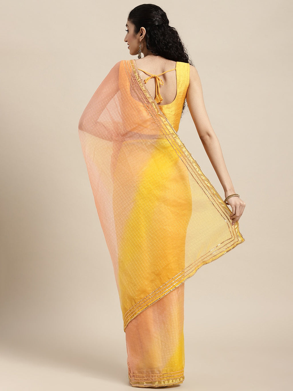 Peach Shaded Lace Border & Zari Checks Organza Saree
