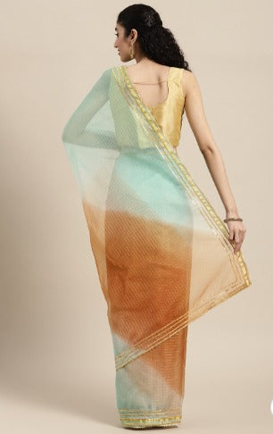 Brown Shaded Lace Border & Zari Checks Organza Saree