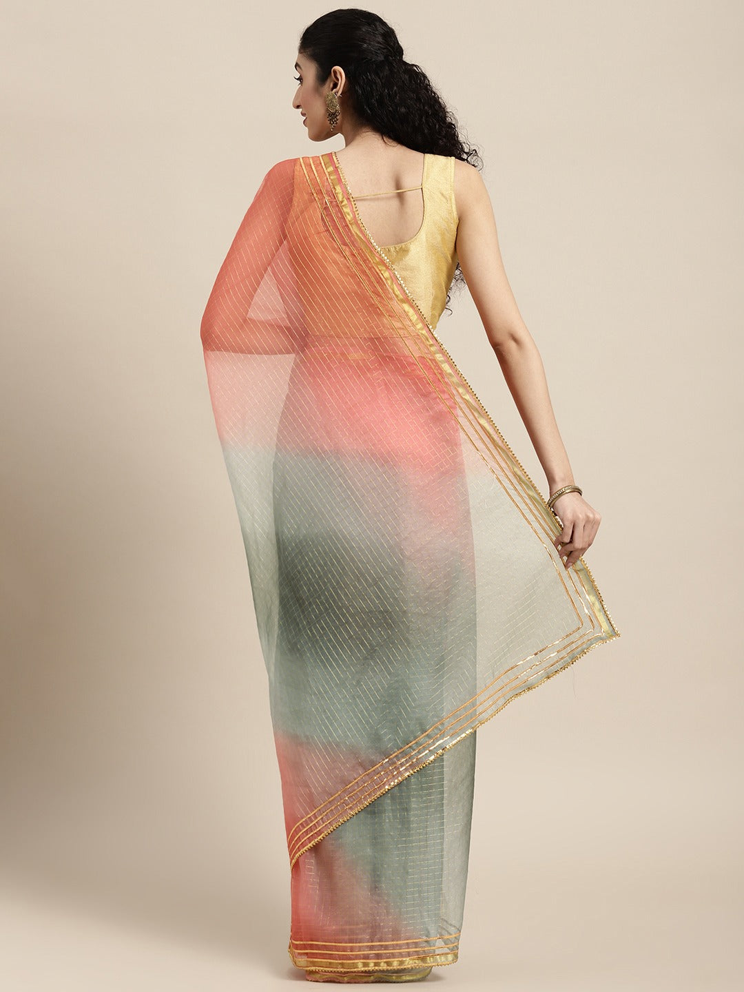 Peach Shaded Lace Border & Zari Checks Organza Saree