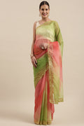 Green Shaded Lace Border & Zari Checks Organza Saree