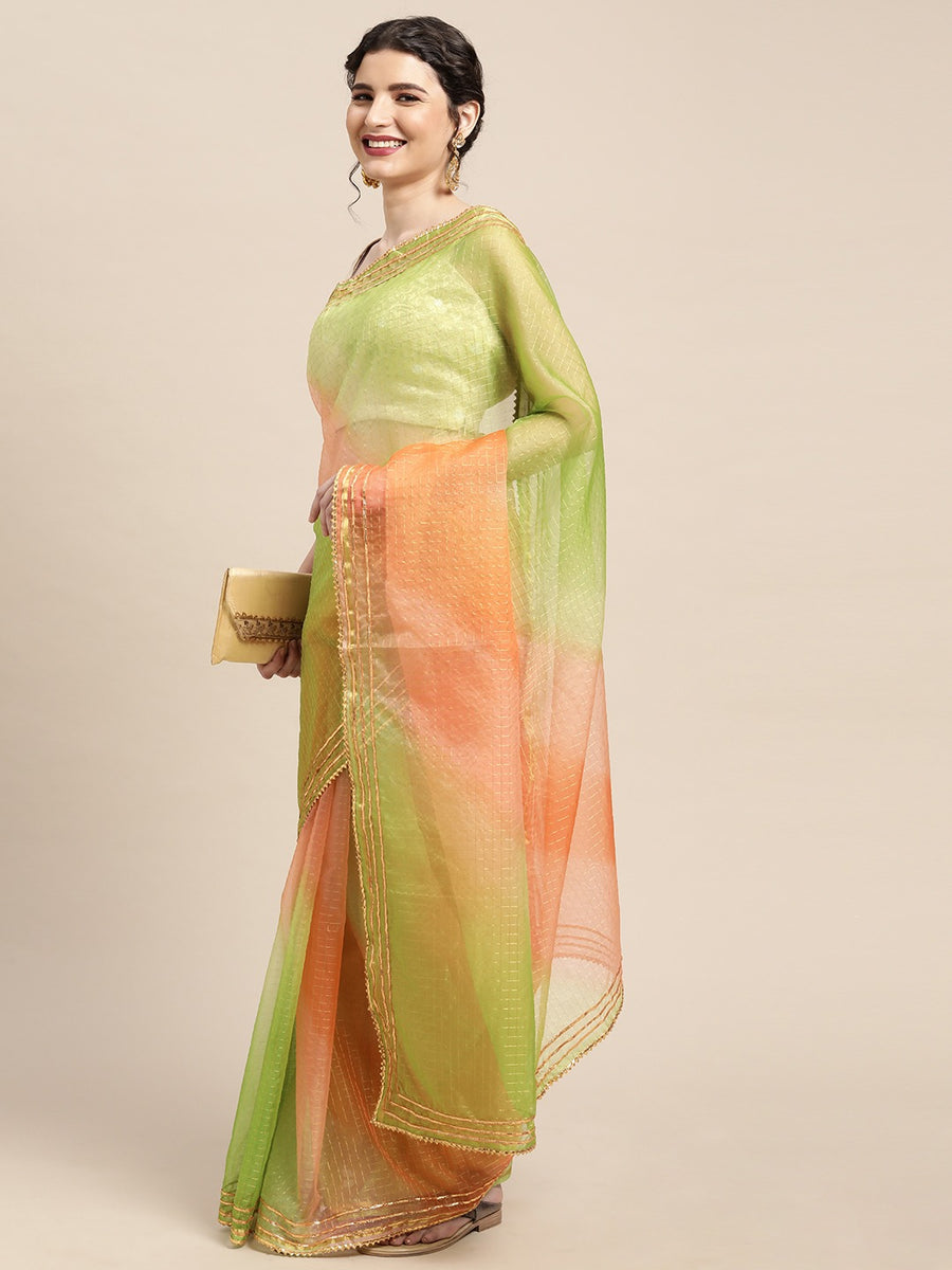 Green Shaded Lace Border & Zari Checks Organza Saree