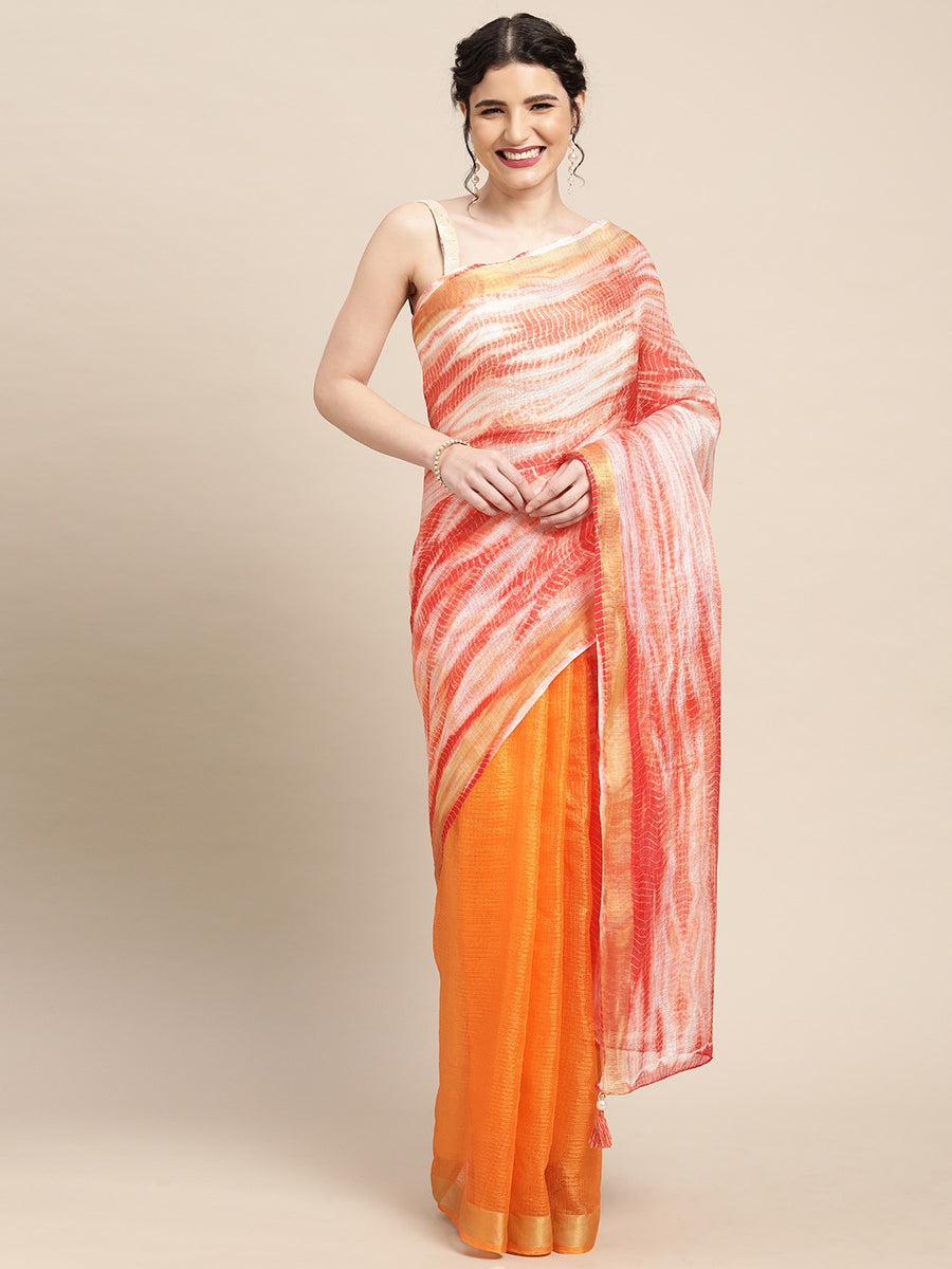 Peach Shibori Print Zari Border Kota Doria Silk Saree