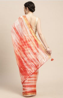 Peach Shibori Print Zari Border Kota Doria Silk Saree
