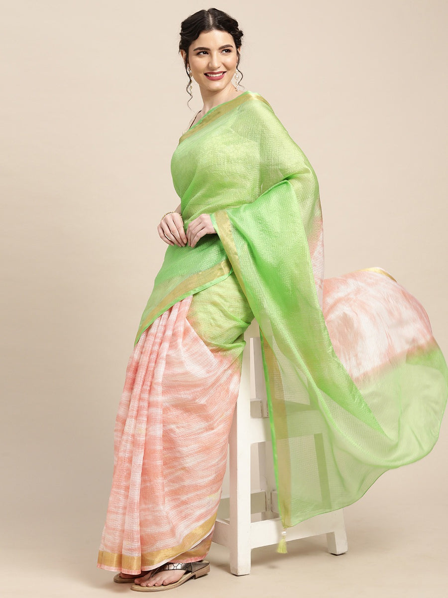 Green Shibori Print Zari Border Kota Doria Silk Saree