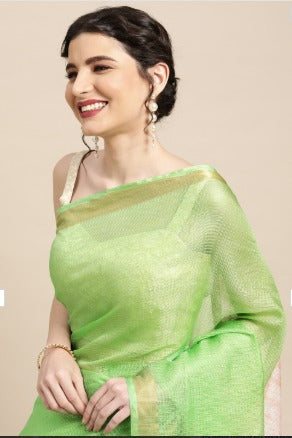 Green Shibori Print Zari Border Kota Doria Silk Saree