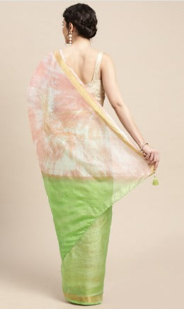 Green Shibori Print Zari Border Kota Doria Silk Saree